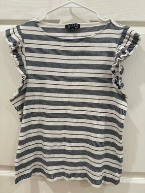 J. Crew Women Black and White Ribbed Vintage Stripe Ruffle Top XL